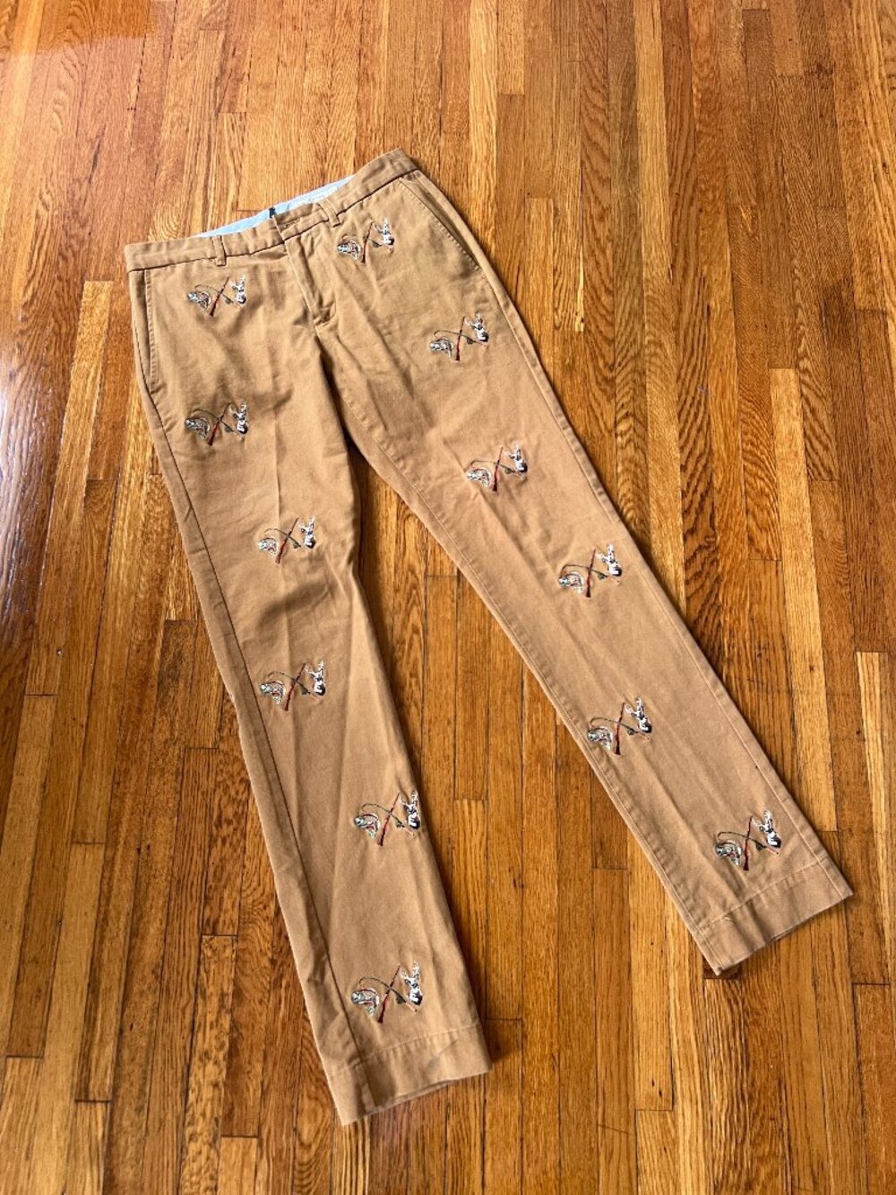 J. Press York Street Rod & Reel Embroidered Fish Stag Hunting Tan Chinos - 30x32